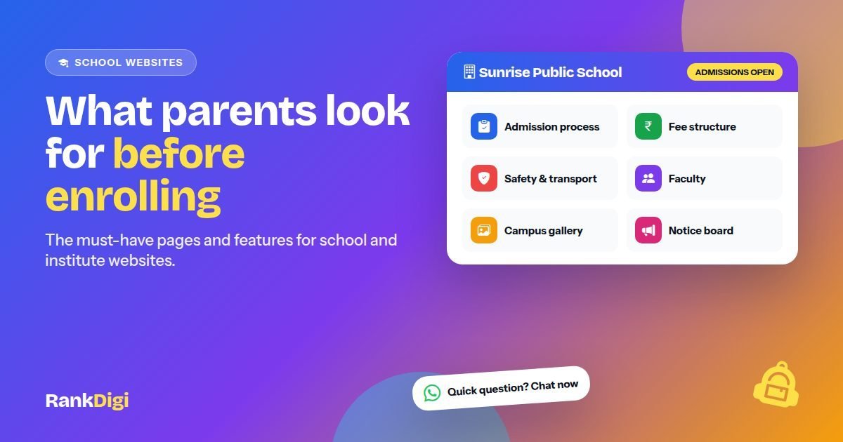 Cheerful school website on a laptop and phone with admission open banner, notice board, fee details, and a colourful campus illustration
