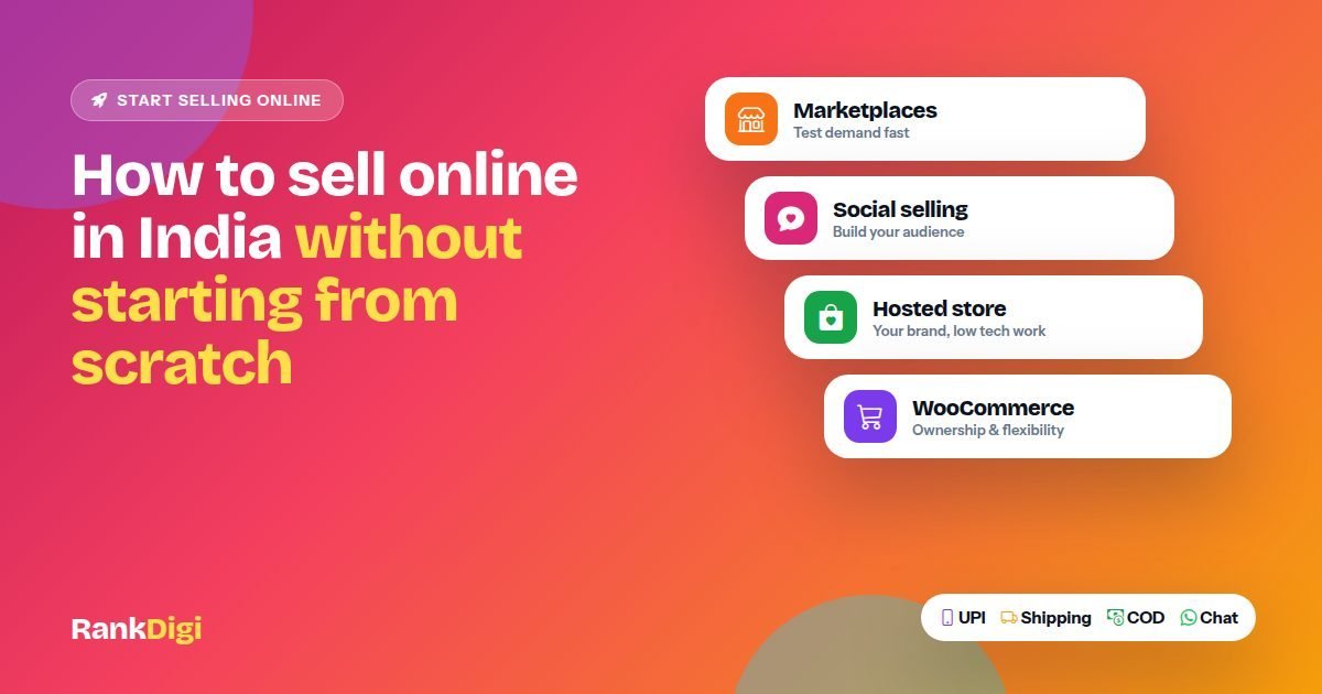 Colourful map of paths to selling online in India leading from a small shop to marketplaces, Shopify, WooCommerce, and a custom online store