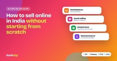 Colourful map of paths to selling online in India leading from a small shop to marketplaces, Shopify, WooCommerce, and a custom online store