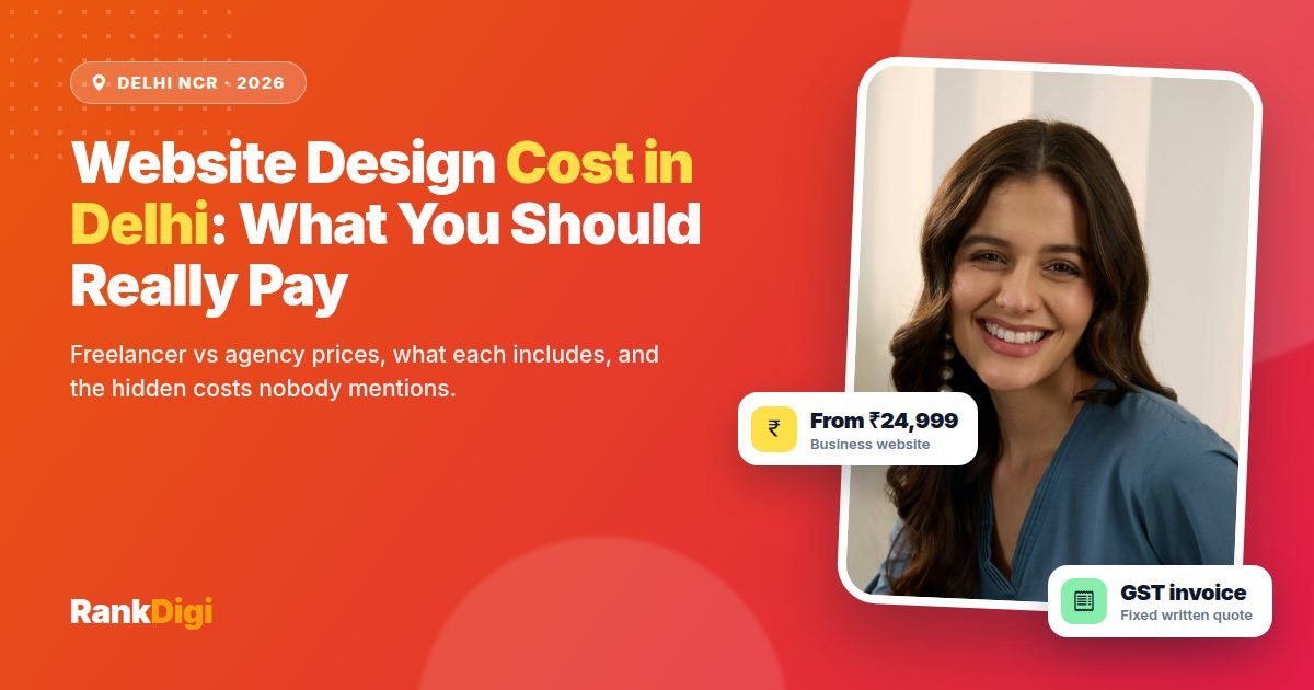 Smiling Indian business owner beside the headline Website Design Cost in Delhi, with price chips showing websites from 24,999 rupees
