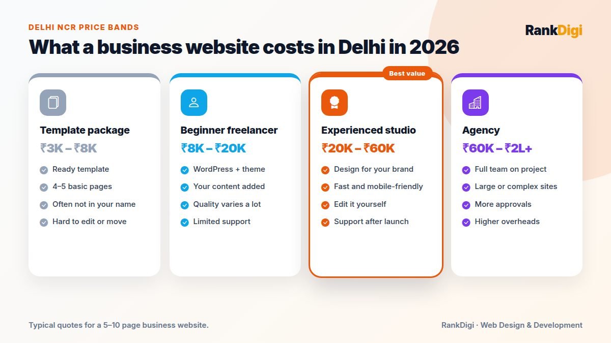 Price cards comparing website design costs in Delhi: template packages, beginner freelancers, experienced freelancers and small studios, and agencies