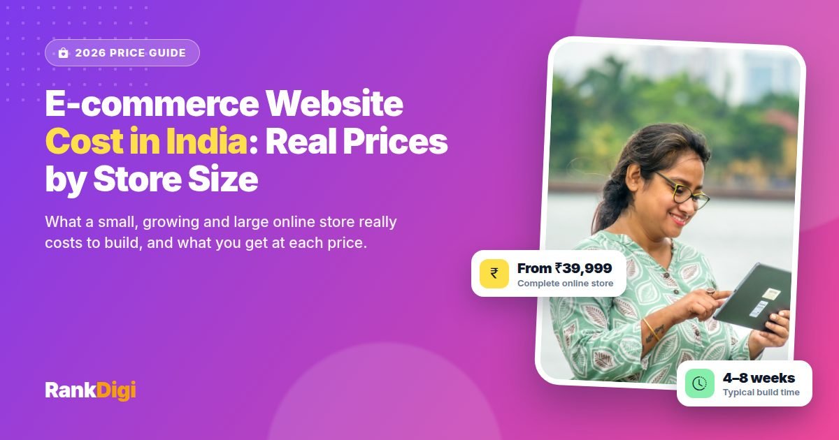 Indian store owner checking orders on a tablet beside the headline E-commerce Website Cost in India, with chips showing stores from 39,999 rupees and a 4 to 8 week build time