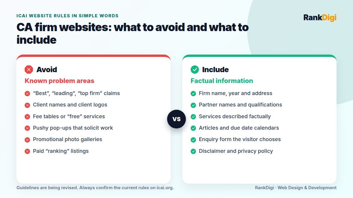 Two-column guide to ICAI website rules for CA firms: what to avoid such as superlatives, client logos and fees, and what you can include such as firm details, services and knowledge articles