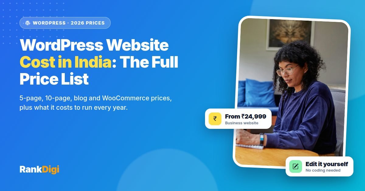 Indian business owner planning her website at a desk with a laptop beside the headline WordPress Website Cost in India, with chips showing websites from 24,999 rupees and edit it yourself