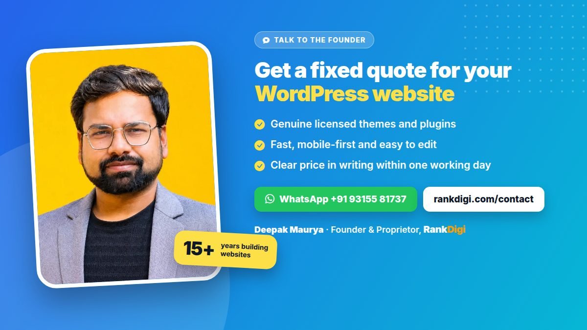 Deepak Maurya, founder of RankDigi, offering a fixed quote for a WordPress website built with licensed themes and plugins