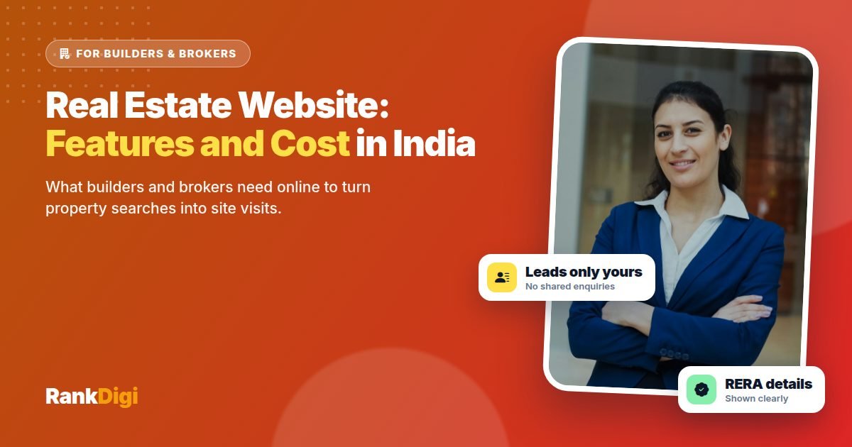 Indian real estate professional in a blue blazer beside the headline Real Estate Website Development, with chips reading leads that are only yours and RERA details shown clearly