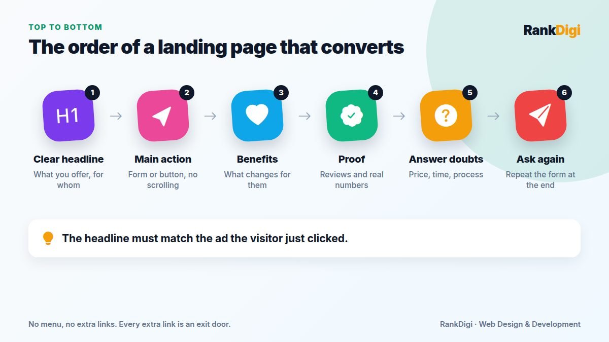 Seven parts of a landing page that converts: clear headline, strong image, main action, benefits, proof, answers to doubts, and the action repeated