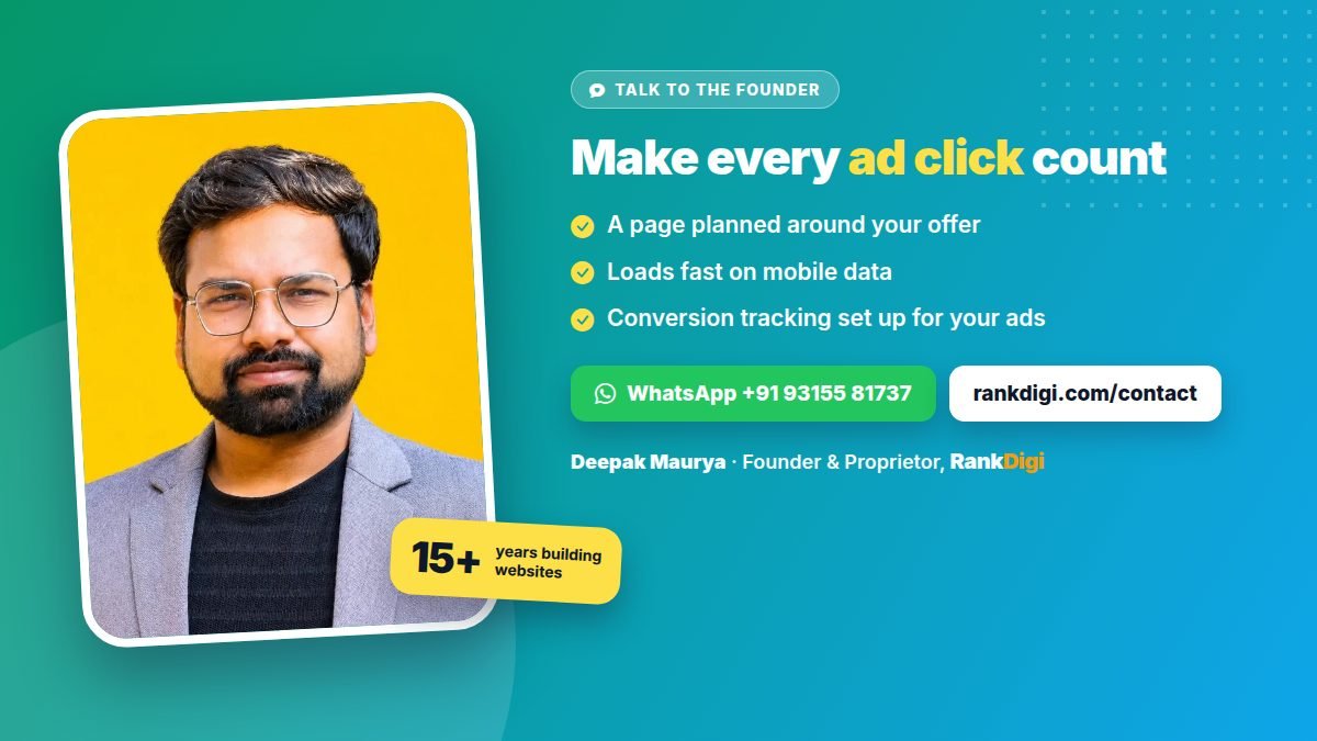 Deepak Maurya, founder of RankDigi, offering to build a landing page that turns ad clicks into enquiries