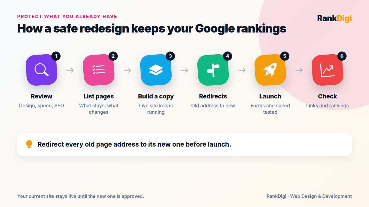 Six steps of a safe website redesign: review the site, list every page, design and build on a copy, set up redirects, launch, and check rankings
