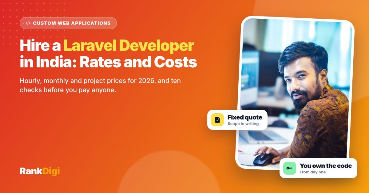 Indian software developer at his desk with code on the monitors beside the headline Hire a Laravel Developer in India, with chips reading fixed quote in writing and you own the code