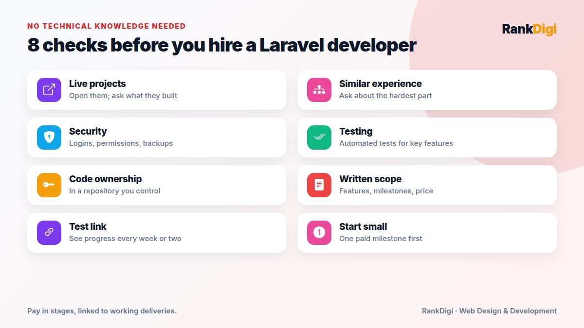 Checklist of eight ways to vet a Laravel developer: live projects, similar experience, security, testing, code ownership, written scope, weekly test link, and starting small