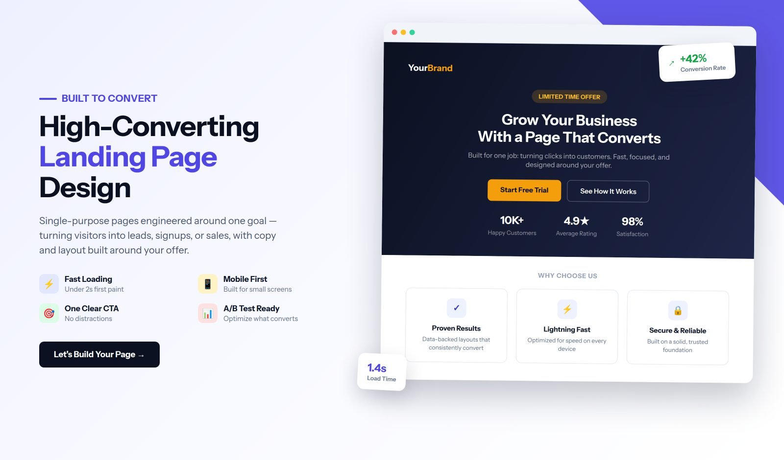 RankDigi landing page design service — high-converting page mockup with hero, CTA, and feature sections