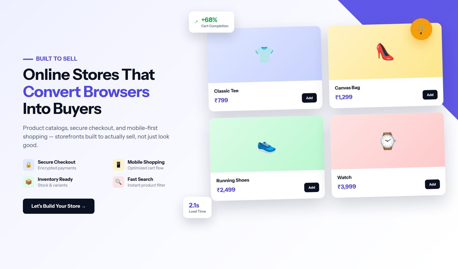 RankDigi e-commerce website design service — online store mockup with product grid and shopping cart