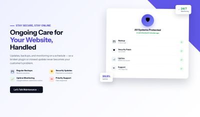 RankDigi website maintenance service — uptime and backup status dashboard mockup