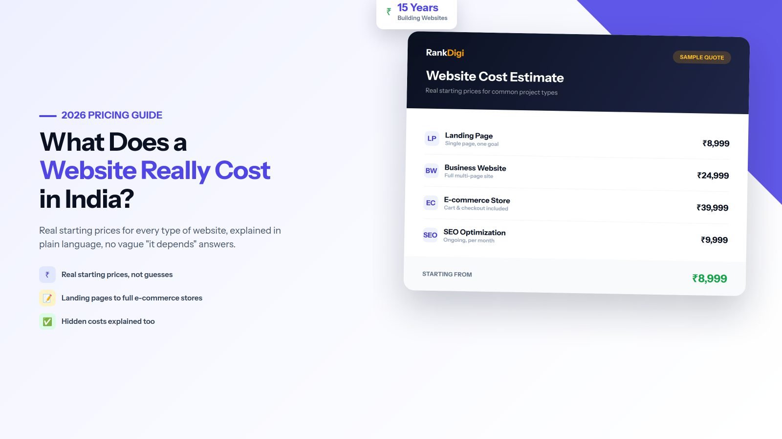 A sample RankDigi website cost estimate card showing real starting prices for a landing page, business website, e-commerce store, and SEO optimization