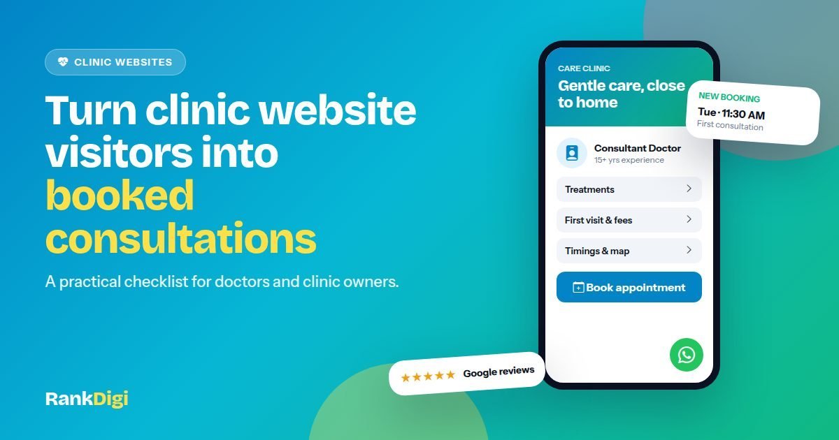 Bright clinic website on a phone with a book appointment button, WhatsApp chat, and a calendar filling with consultation bookings