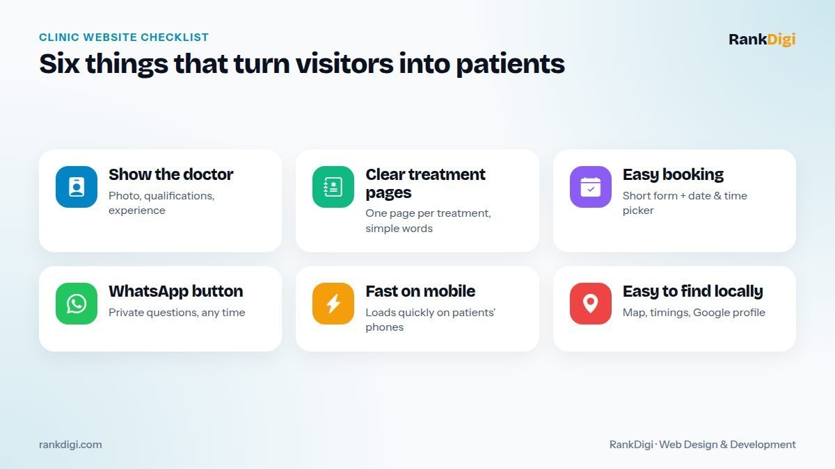 Clinic website enquiry checklist covering trust, clear treatment pages, easy booking, WhatsApp, speed, and local search