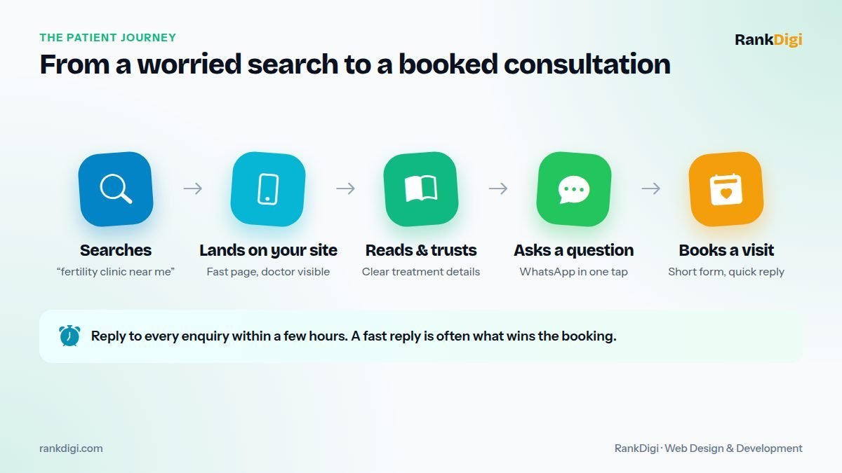 Patient journey from searching on Google to reading a treatment page and booking a consultation on the clinic website
