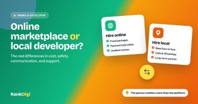 Split illustration comparing hiring a web developer online on a freelance marketplace with meeting a local developer in person