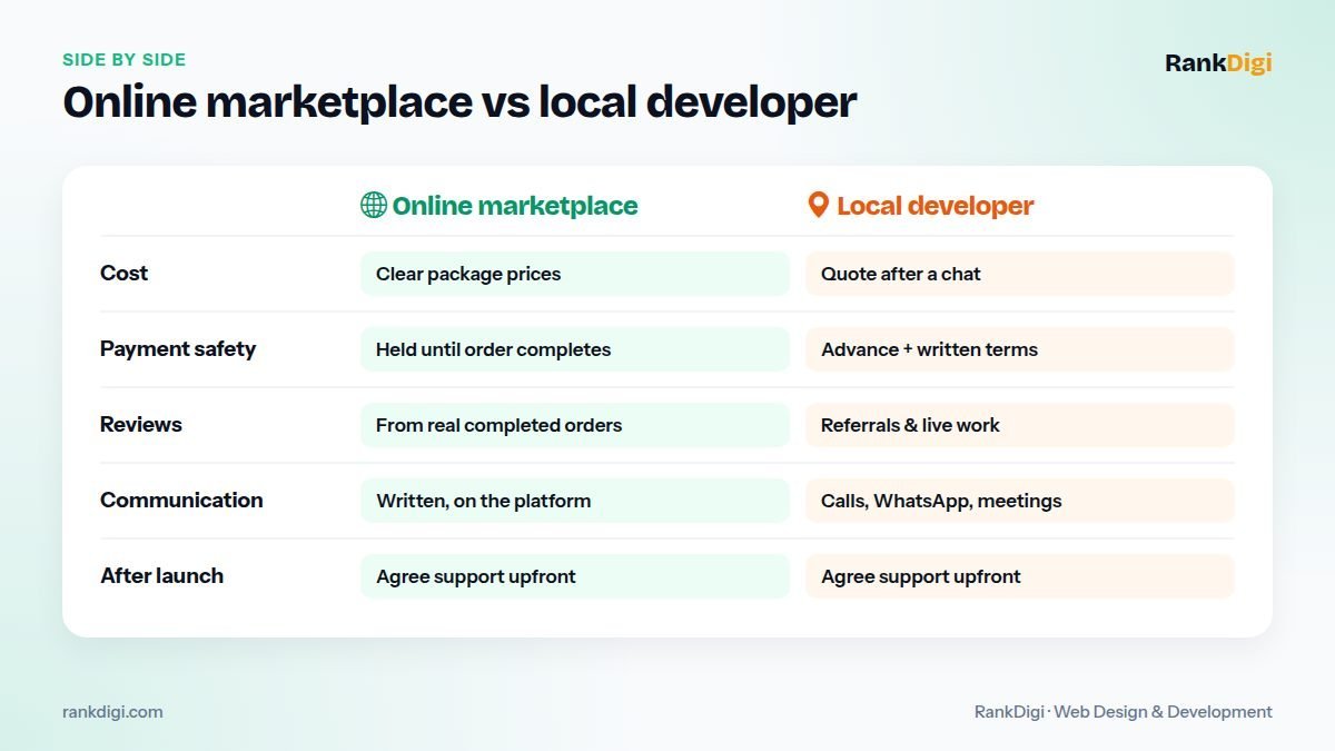 Comparison of hiring on Fiverr versus a local web developer across cost, payment safety, communication, reviews, and support