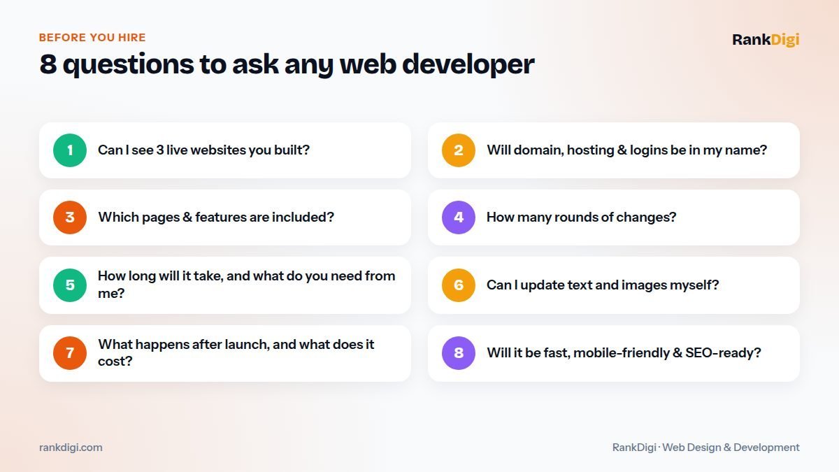 Checklist of eight questions to ask any web developer before hiring them